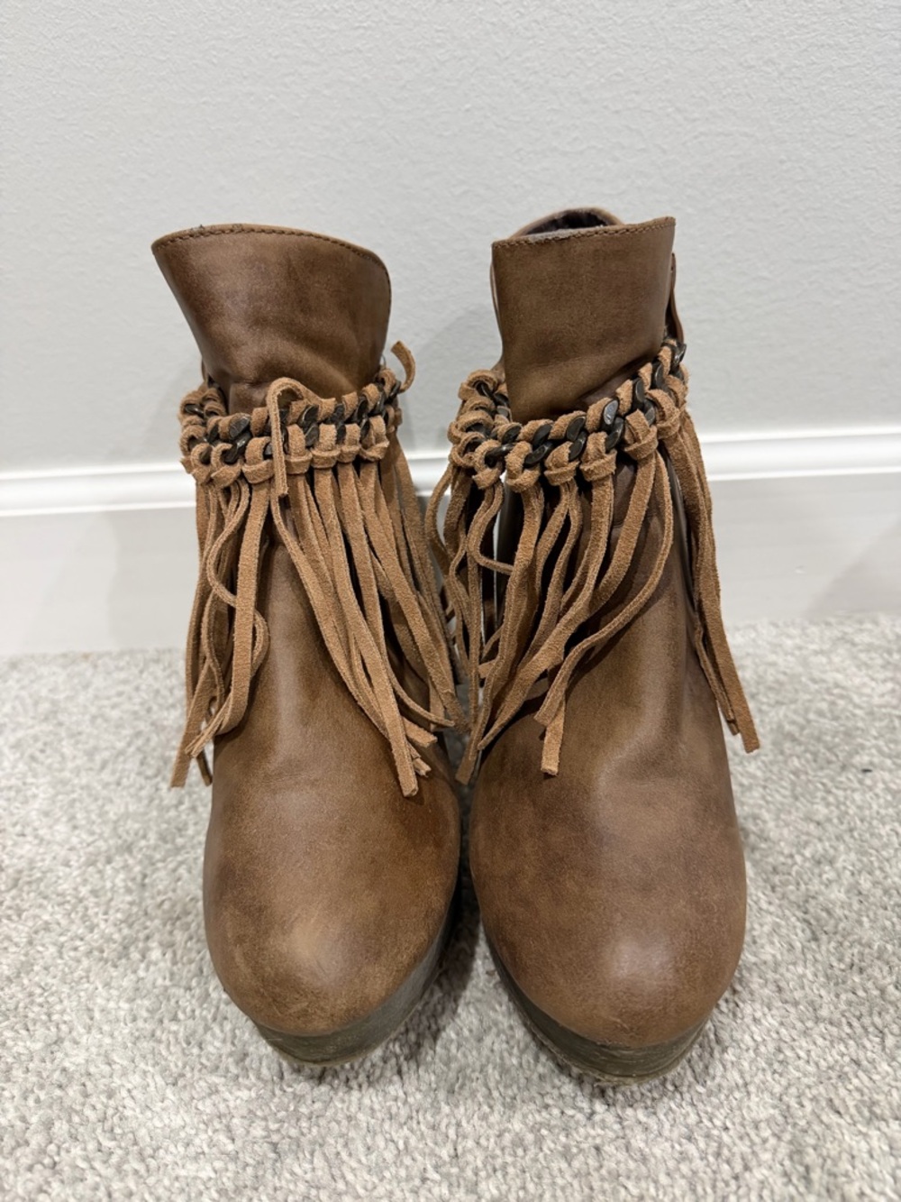 Women's Brown Fringe Ankle Boots - Suede Look